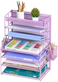Purple 7 Tier Desk File Organizer, Metal Letter Tray Paper Organizer with Pull-Out Drawer, Removable Pen Holder & Hanging Basket, Vertical Desktop File Holder for Home Office, Classroom by FANXIYQ