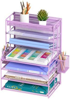 Purple 7 Tier Desk File Organizer, Metal Letter Tray Paper Organizer with Pull-Out Drawer, Removable Pen Holder & Hanging Basket, Vertical Desktop File Holder for Home Office, Classroom by FANXIYQ