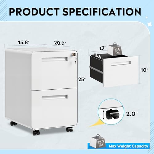 DEVAISE 2 Drawer File Cabinet with Lock, Fully Assembled Except Casters - Image 3