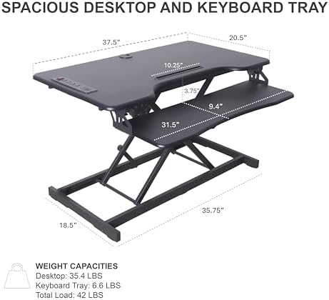 Rocelco 37.4" Electric Standing Desk Converter with AC USB Charger - Motorized Height Adjustable Sit Stand Up Dual Monitor Riser - Tabletop Computer Workstation - Large Keyboard Tray - Black (R EDRB2) - Image 3