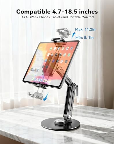 Portable Monitor Stand Large Clamp - Heavy Duty Aluminum Body Support up to 4.4LBS 16" 17.3" 18.5 inch 360° Rotating Base Swivel Foldable Desk Stand for iPad Holder Tablet Mount for Kitchen/Travel - Image 2
