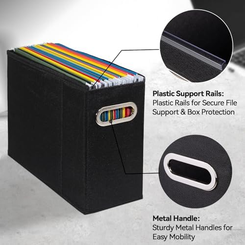 4 Packs Letter Size File Organizer, File Folders Organizer, Fabric Storage Box, Collapsible Paper Organizer with Metal Handle, Smooth PVC Rails, Only Box (Black) - Image 4