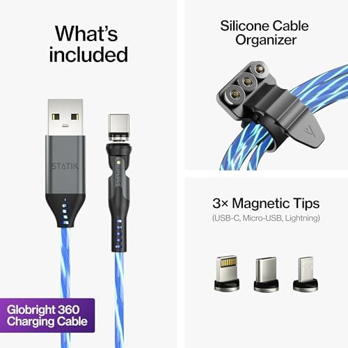 Statik 360 Magnetic Charging Cable - Type C Charger 3 in 1 USB C to USB C Cable, Micro USB & iProduct Tips, USB A Adapter, Phone Charger Cord, Compatible with All Devices - GloBright 3FT/1M, 3 Pack - Image 7