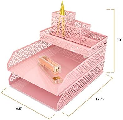 BLU MONACO | Pink Desk Organizer Set for Women 6 Piece | Mail Sorter Organizer Countertop with Letter Trays | Standing File Organizer with Mesh Pen Holders - Image 6
