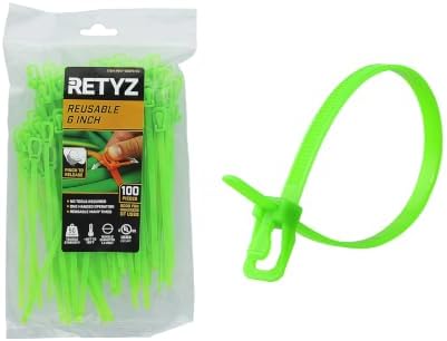 RETYZ 6-Inch Fluorescent Green Reusable Releasable Cable Ties – 100 Pack, 50 lb Strength, Patented Quick-Release, Tool-Free Design for Home, Office, and Light Industrial Use by RETYZ
