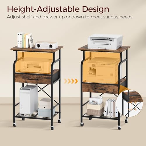 MAHANCRIS Tall Printer Stand, 3 Tier Printer Cart with Storage, Industrial Printer Table on Wheels, Adjustable Shelf & Fabric Drawer, for Home Office Study Rustic Brown PTHR5401 - Image 4