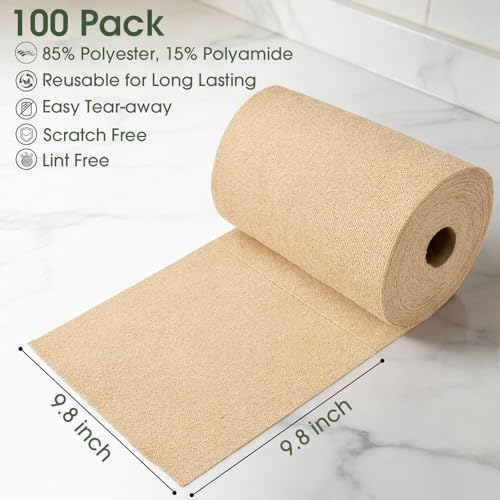 Reusable Microfiber Cleaning Cloth Roll - 100 Pack, 12"x12" Washable Tear-Away Paper Towels, Lint-Free & Streak-Free Rags for Kitchen, Glass, Cars, Electronics, Workshop and Garage(Wheat Beige) - Image 2