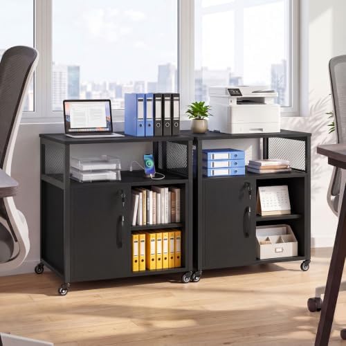 GIANTEX File Cabinet, Lateral Filing Cabinet with Lock, Wheels, Charging Station, Cable Hole, Lockable Side Cabinet, Adjustable Shelves, Metal Frame, Printer Stand for Home Office Small Space (Black) - Image 2