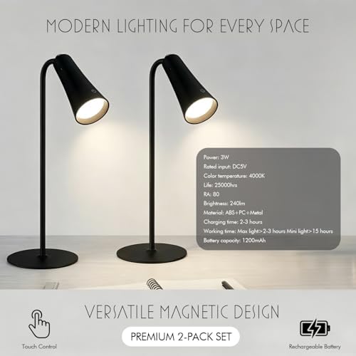 4-in-1 Rechargeable Desk Lamp, Clip and Wall Light, 2 Pack - Image 2