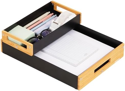 Mind Reader Metal and Wood Tiered Desktop Organizer Trays with Cutout Handles, Stackable Office Storage, Office, Entryway, Coffee Station and Home Organization, Metal and Wood, Set of 2, Black by MindReader