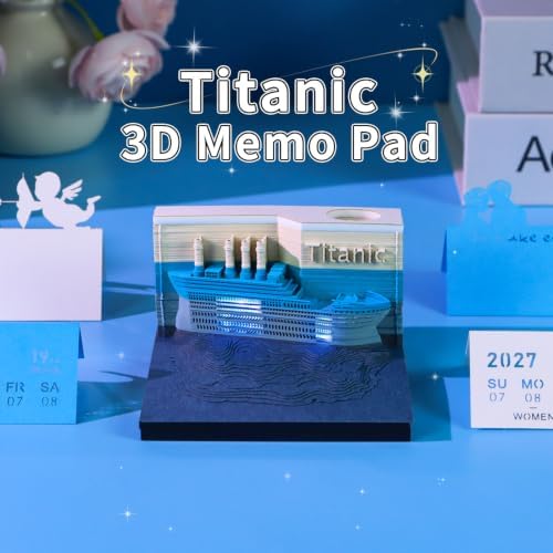 3D Art Calendar Memo Pad 2027,3D Titanic Weekly Calendar Notepad With Light&Pen Holder, 3D Memo Pad Desk Calendar DIY Decoration Gift - Image 2