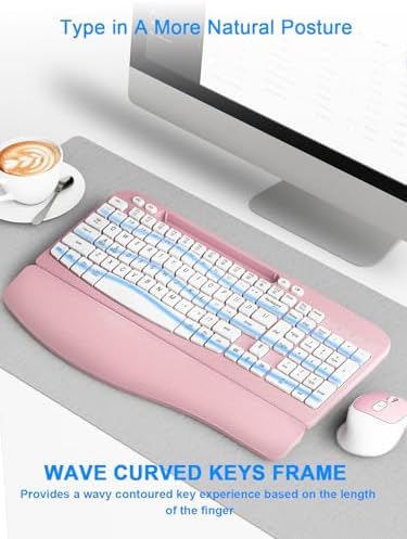 Hayyiesh Ergonomic Wave Keys Wireless Keyboard and Mouse Combo, Full Size with Memory Foam Wrist Rest & Phone Holder, 2.4G Cordless Set with USB-C Adapter for Windows Mac Desktop Laptop (Pink) - Image 6