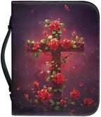 Cross & Red Rose Pattern Bible Cover for Women Soft PU Leather Verse Print Bible Carrying Case Large Capacity Book Organizer with Top Handle Gifts for Christians by Glomenade