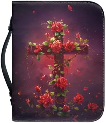 Cross & Red Rose Pattern Bible Cover for Women Soft PU Leather Verse Print Bible Carrying Case Large Capacity Book Organizer with Top Handle Gifts for Christians by Glomenade