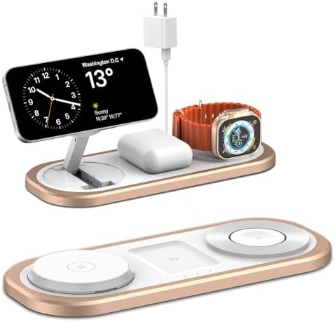 3 in 1 Fast Wireless Charger Stand for iPhone, Foldable Travel Charging Station for Magsafe for iPhone 17/Air/16/15/14/13/12 Series, Apple Watch Series, AirPods pro/2/3/4, Gifts for Women Men (Golden) by TEGISPAK