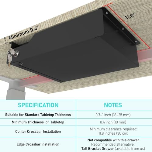 Under Desk Drawer Storage with Lock, Metal Undermount Table Drawer, Ball Bearing Slides Out Tray Organizer for Paper, Pencil, and Laptop 16"x11.8"x3.6", Black - Image 3