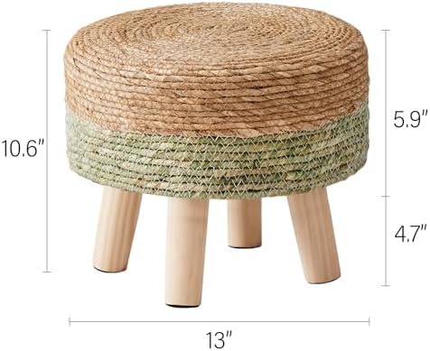 Cpintltr Ottoman Natural Seagrass Footrest Poufs Hand Weave Round Foot Stool for Couch Desk Soft Step Stool Padded Foot Rest with Pine Legs for Living Room Bedroom Natural/Green - Image 3
