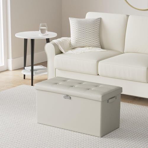 DocSafe Storage Ottoman Bench with Lock,Fireproof 30 Inches Folding Bench Foot Rest Stool Storage Chest Safe for Living Room,Bedroom,Home Office,Waterproof Leather Ottoman with Handles,Beige - Image 2