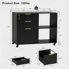 INNOD 3 Drawer Fluted Mobile Filing Cabinet with Lock, Lateral Rolling Under Desk File Cabinet, Wooden Printer Stand Table for Home Office Essentials Storage Organization Furniture Letters/A4(Black) - Image 2