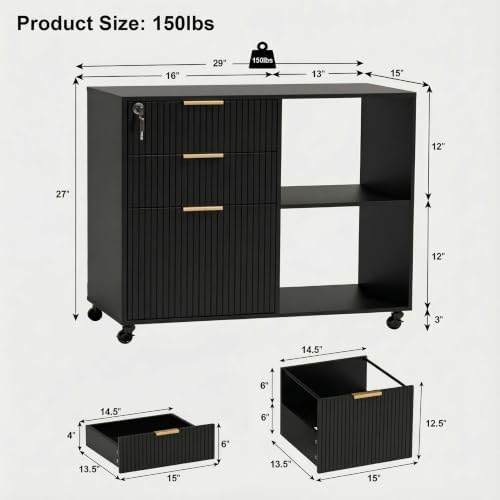 INNOD 3 Drawer Fluted Mobile Filing Cabinet with Lock, Lateral Rolling Under Desk File Cabinet, Wooden Printer Stand Table for Home Office Essentials Storage Organization Furniture Letters/A4(Black) - Image 2