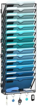 15 Tier Wall File Organizer - Hanging File Organizer with 5 Hooks, Mail Holder Wall Mounted for Papers, Folders, Magazines, Bills, Office&School Organization, Black by JMHUD