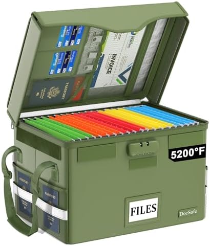 DocSafe 5200°F Fireproof Document Box with Lock,Heat Insulated File Organizer Storage with Pockets,Collapsible Portable Home Office File Safe Box with Handle for Hanging Letter/Legal Folders, Green by DocSafe