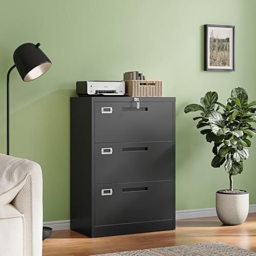 Letaya 3 Drawer File Cabinets with Lock,Metal Lateral Filing Storage Cabinet Printer Stand,Black Steel Home Office Cabinet for Hanging Files Letter/Legal/A4 Size (Black, H39.84×W28.35×D15.74) - Image 2