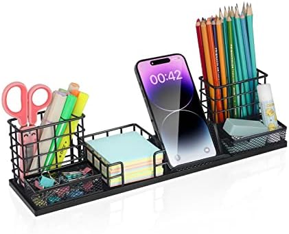 DIY Desk Organizer Office Accessories, Multi-Functional Mesh Desk Organizer with 2 Pen Holder, 2 Paperclip Storage, 1 Phone Holder, 1 Sticky Note Tray and Bottom Tray (Black) by Unknown