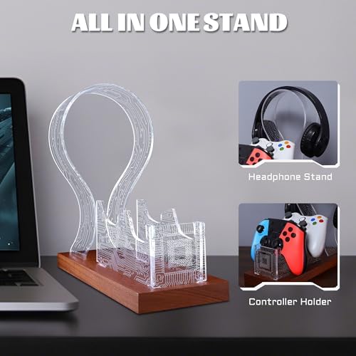 YuanDian Gamer Gifts for Teenage Boy, Desk Gaming Headset and Controller Stand with Blue Pink LED Night Light, Acrylic Wooden Controller Holder with PCB Pattern, Desk Decor Gift - Image 6