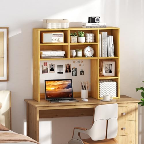 GOFLAME 7 Cubes Desktop Bookshelf, 37” Desk Organizer Shelf with 3 Adjustable Shelves, 3-Tier Wood Countertop Display Rack, Multipurpose Tabletop Desk Hutch for Dorm, Home Office, Burlywood - Image 2