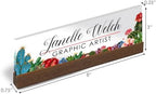 Artblox Personalized Office Desk Name Plate and Business Card Holder | Clear Acrylic Glass with Teak Wood Stand | Cactus Flowers Design Customized with Your Name and Credentials Office Desk Décor - Image 3