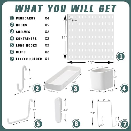 MULSAME Pegboard Combination Kit, Wall Mounted Storage Set with 4 Pegboards & 14 Accessories Hanging, White Peg Boards Organizer for Walls Display, Crafts Organization, Kitchen Organizer, 22" x 22" - Image 3