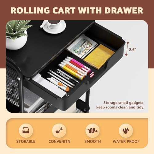3 Tier Rolling Cart with Drawer, Metal Rolling Utility Cart on Wheels with Pegboard, Art Cart Storage Organizer with Tabletop for Living Room, Office, Bedroom (Black) - Image 2