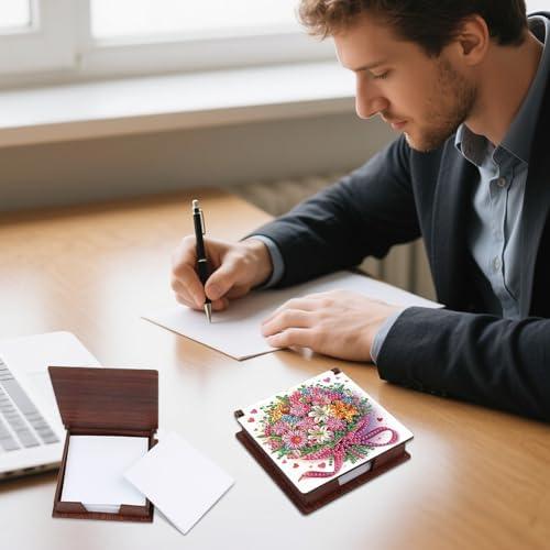 4Pcs Sticky Note Holder Diamond Art Painting Wooden Post It Note Dispenser Memo Paper Storage Box Diamond Art by Numbers Mosaic Kits Office Desk Accessories-02 - Image 5