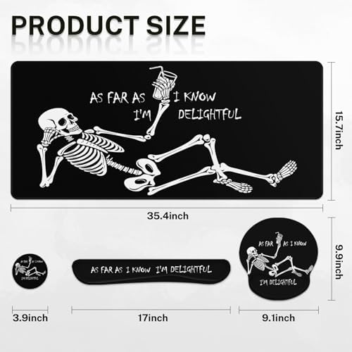 Britimes Keyboard Mouse Pad Set, 4 in 1 Desk Mat Set, Skull Skeleton Black - Image 3