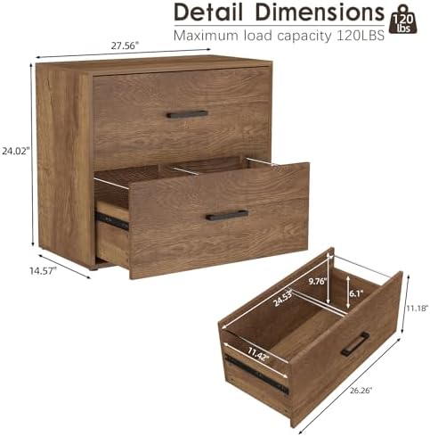 2 Drawer Filing Cabinets, Wood Lateral File Cabinet for Home Office, Modern Farmhouse File Cabinets with Hanging Rail for Letter Size, Large Wooden Storage Cabinets, Brown - Image 3