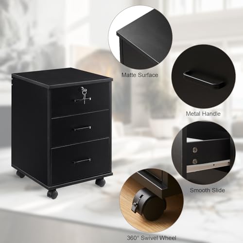 OFCASA 3 Drawer File Cabinet with Lock, Small Rolling Filing Cabinets for Home Office, Wooden Under Desk File Cabinet with Wheels, Mobile Storage Cabinet Printer Stand, for Letter/Legal/A4 Size, Black - Image 6