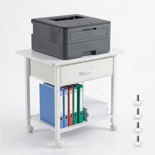 22" x 15" Under Desk Rolling Printer Stand, 2-Tier Industrial Mobile Printer Table with Strong Fabric Drawer, Storage Shelf, Steel Frame and Lockable Wheels, Printer Cart for Home Office (White) by HUACZ