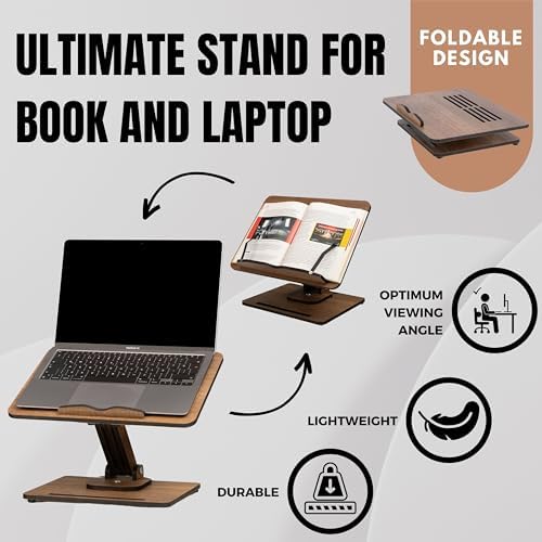Vigo Wood 360° Rotating Book Stand, Tilt and Height Adjustable Laptop and Cookbook Holder, Foldable Reading Desk (Walnut) - Image 4