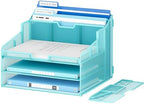 Lavatino Desk Paper File Organizer - Metal Mesh with 2 Letter Trays, 7 Flexible Dividers, 2 Vertical File Folder Holders for Office/Home/Classroom Supplies, Desk Organizers and Accessories, Blue - Image 3