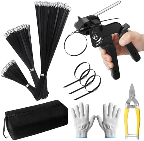 Metal Zip Ties Gun Set, Stainless Steel Zip Tie Tool with 150PCS Black Metal Zip Ties Heavy Duty Outdoor, Fastening Cutting Tie Tool Sets for Chain Link Fence, Exhaust Pipes, Automotive by Teikugv
