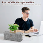 Cable Management Box, Desk Handwoven Rattan Cord Hider Cable Organizer Box With Lid Button Lock, Power Strip Cover Wicker Decorative Basket, Floor Wire Hiding Extension Cord Box (grey) - Image 3