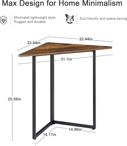 VECELO Corner Desk,Office Tables for Living Room for Small Space Triangle Computer Desk with Steel Frame Corner Shelves with Metal Frame Writing Desk for Workstation Classic Brown 31.1" - Image 2