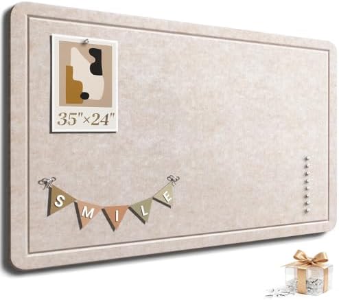 Large Bulletin Board, 35 X 24 Inches Felt Cork Board with 40 Pushpins, Foldable Felt Notice Pin Board Photo Display Board with Self-Adhesive Tape for Office Home School (Oatmeal, 35x24 inch) by Subeauty