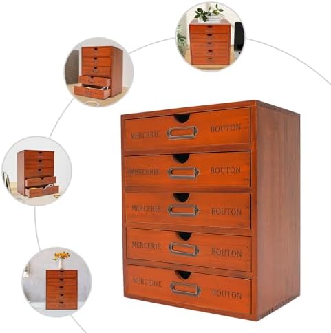 Wooden Desk Organizer Vintage Shelf Desktop Drawer Stackable Storage Box Brown Storage Cabinet Retro Apothecary Art School Office Supplies (5-Drawer Cabinet) - Image 7