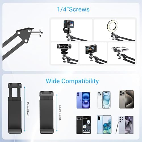 Overhead Phone Mount with Rechargeable Light for iPhone, Desk Tripod with Clamp for Content Creator Camera Recording, Top Down Holder Stand for Filming/Live/Cooking/Unboxing/Drawing/YouTube/TikTok - Image 4