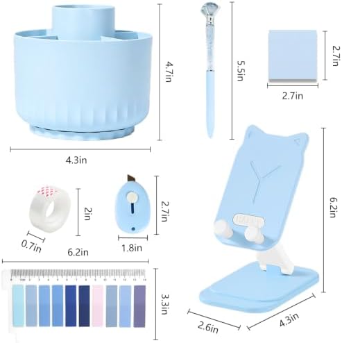 Office Supplies,Blue Desk Accessories,Desk Organizer,Phone Stand,Scissors,Stapler,Tape Dispenser,Binder Clips,Staples,Staple Remover,Sticky Notes,Index Tabs,Clear Tape,Mini Box Cutter,Cool Pen.16pcs - Image 6