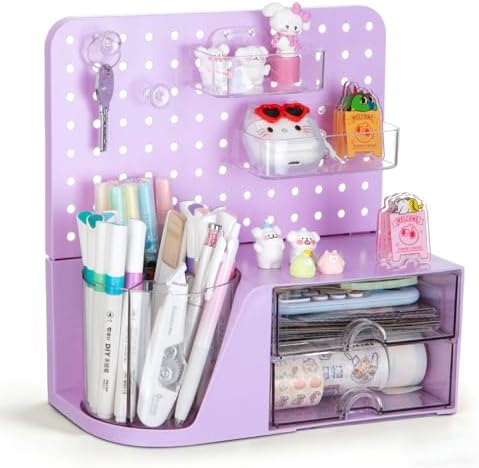 Comix Desk Organizer with 2 Drawer, Purple 360 Rotating Pen Holder for Desk by Comix