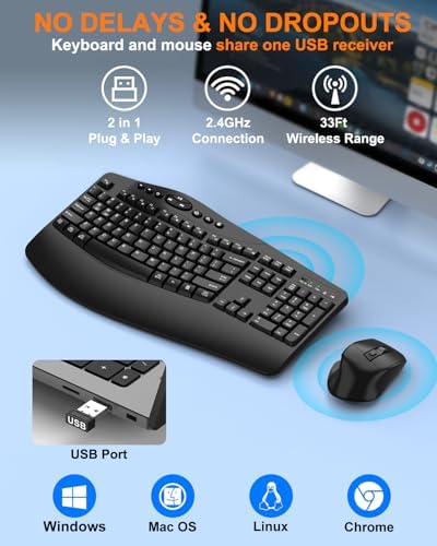 Ergonomic Wireless Keyboard and Mouse Combo, 2.4GHz Full Size Wave Keys Computer Keyboard with Wrist Rest for Natural Typing, Silent 6 Button USB Mouse for Laptop PC Windows Mac (Black) - Image 6