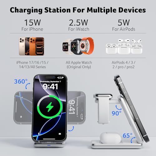 Acer 3 in 1 Charging Station for iPhone, Wireless Charger Stand,15W Fast MagSafe Charger for iPhone 17 16 15 14 13 12 Series-Apple Watch 11 10 9 8 7 6 5 4 3 2 SE and Ultra Series-Airpods 4 3 2 Pro - Image 5